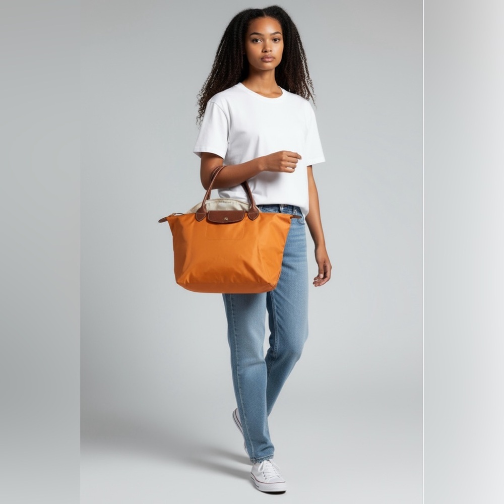 Longchamp Le Pilage Large Orange Tote Bag with Brown Accents NWOT
